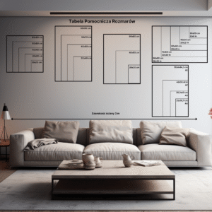 Plansza na ścianie przedstawiająca pomocniczą tabelę rozmiarów fotoobrazów w różnych wymiarach centymetrowych i calowych