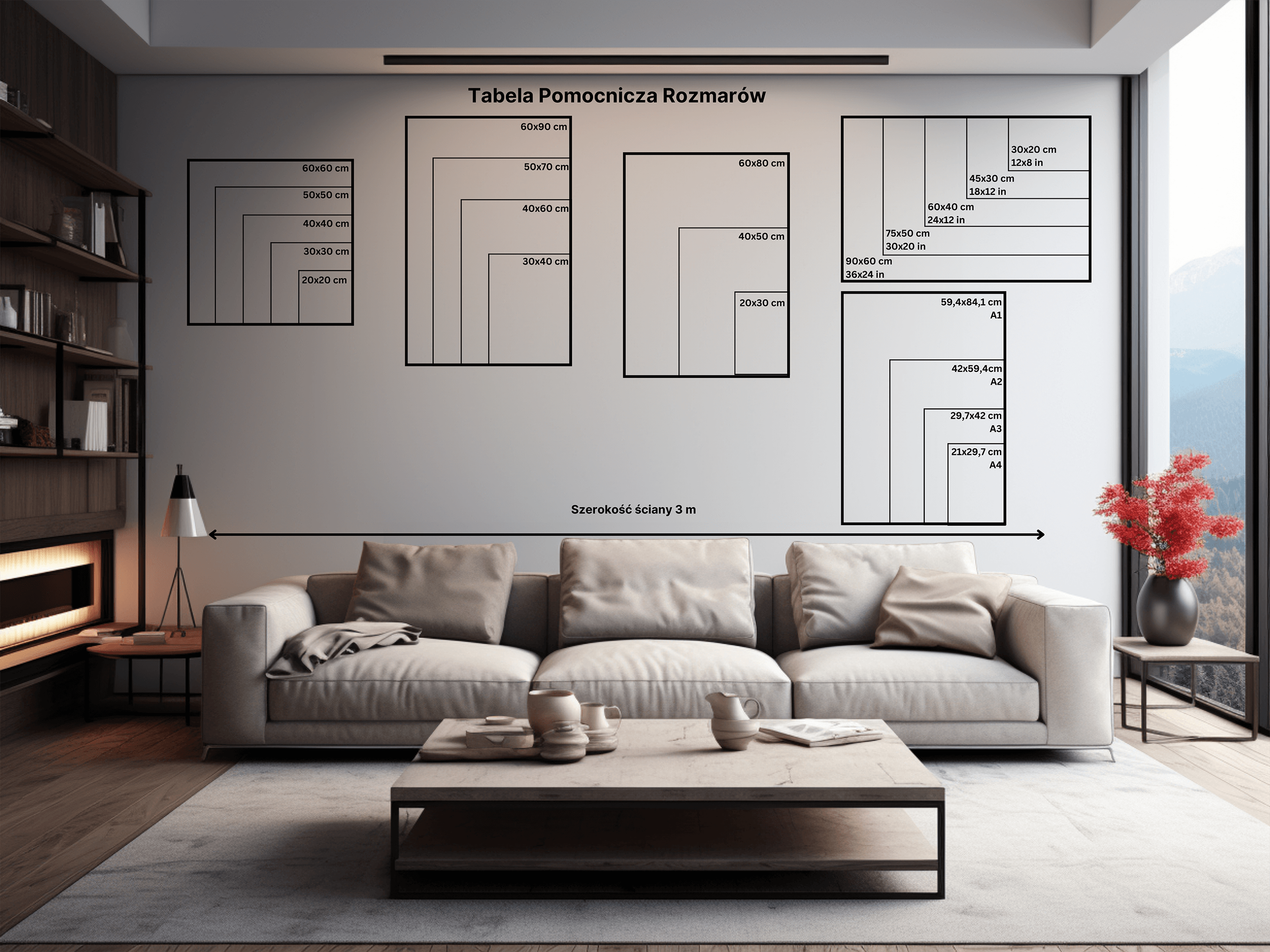 Plansza na ścianie przedstawiająca pomocniczą tabelę rozmiarów fotoobrazów w różnych wymiarach centymetrowych i calowych