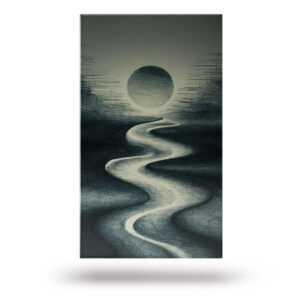 Minimalistyczny szkic rzeki wijącej się ku dużemu, ciemnemu księżycowi na szarym tle