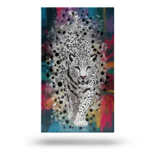 Obraz na płótnie przedstawiający lamparta w artystycznej, kolorowej kompozycji