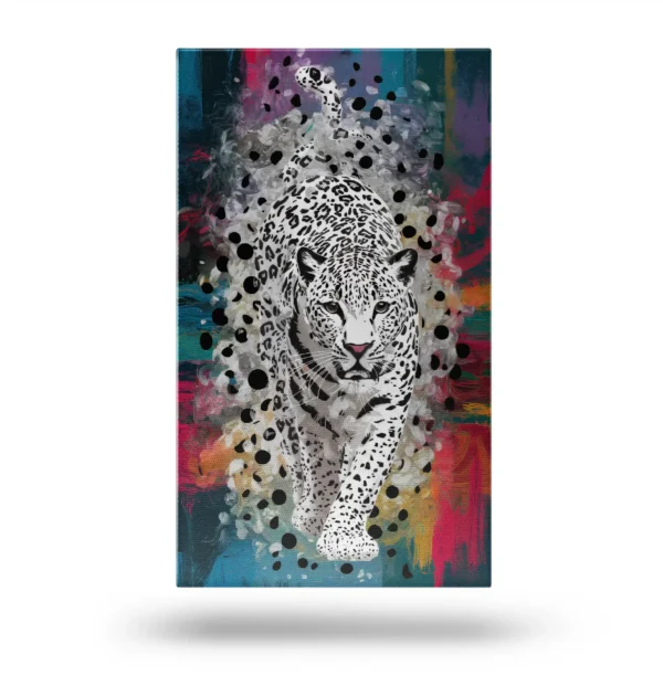 Obraz na płótnie przedstawiający lamparta w artystycznej, kolorowej kompozycji