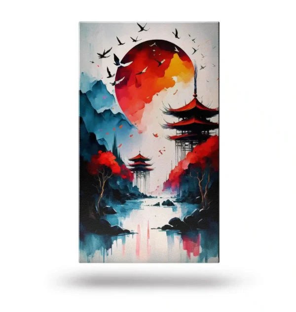 Orientalny obraz na płótnie przedstawiający pagody, jezioro i czerwono-pomarańczowe słońce w tle