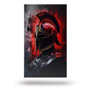 Portret spartańskiego wojownika w hełmie na czerwono-czarnym tle