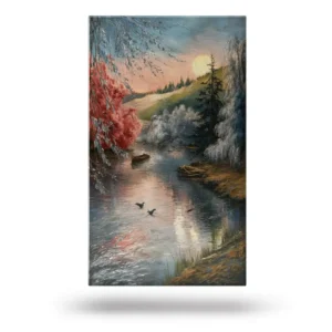 Obraz na płótnie przedstawiający spokojny krajobraz z rzeką, drzewami i zachodzącym słońcem.