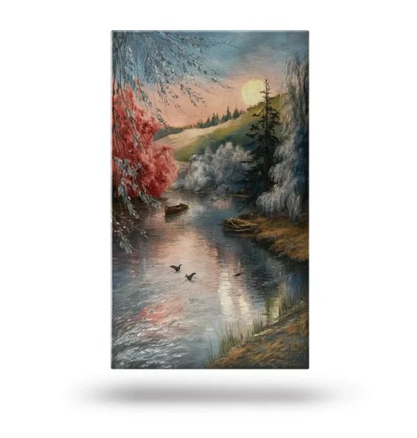 Obraz na płótnie przedstawiający spokojny krajobraz z rzeką, drzewami i zachodzącym słońcem.