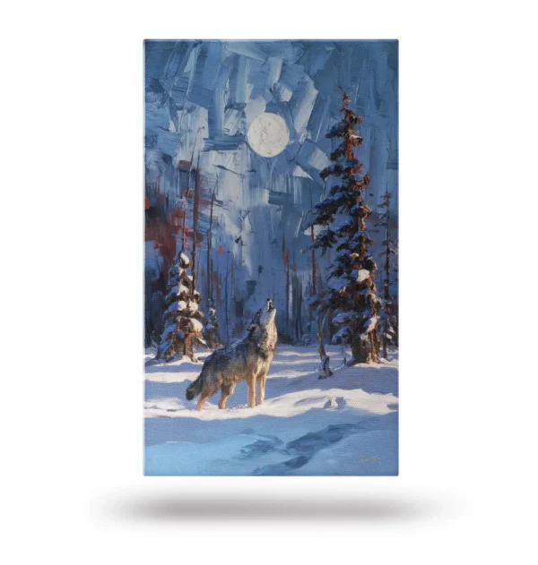 Obraz na płótnie przedstawiający wilka wyjącego na księżyc w zimowym lesie