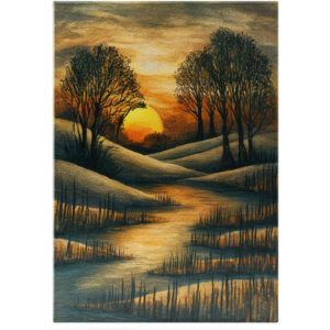 Obraz zachodu słońca nad rzeką z sylwetkami drzew i falującym terenem