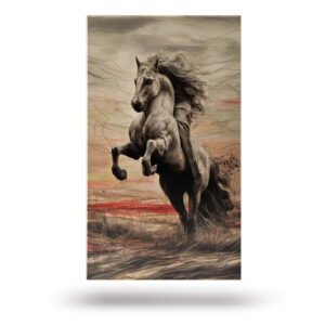 Portret konia w abstrakcyjnym stylu na płótnie z dynamiczną pozą i burzą chmur w tle