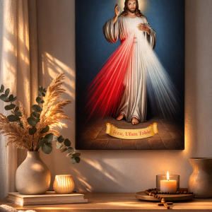 Obraz na płótnie przedstawiający Jezusa z napisem Jezu, ufam Tobie, w ciepłym wnętrzu z dekoracją i świecą.