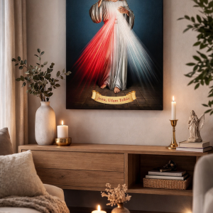 Obraz na płótnie przedstawiający wizerunek Jezusa z promieniami czerwonymi i białymi oraz napisem Jezu, ufam Tobie