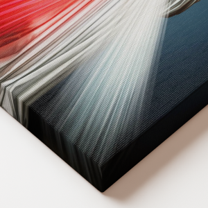 Detal obrazu na płótnie z motywem „Jezu, ufam Tobie” ukazujący promienie światła w kolorach białym i czerwonym na ciemnym tle.