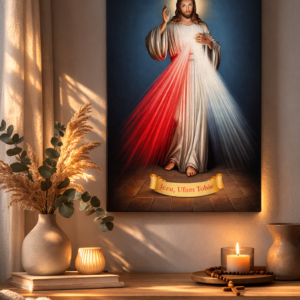 Obraz na płótnie przedstawiający Jezusa z promieniami białymi i czerwonymi oraz napisem Jezu, ufam Tobie