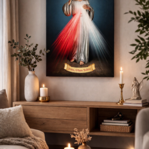 Obraz na płótnie przedstawiający Jezusa Chrystusa z promieniami światła i napisem 'Jezu, Ufam Tobie'.