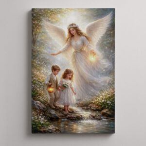 Obraz na płótnie Anioł Stróż z dwójką dzieci nad strumieniem w świetle poranka