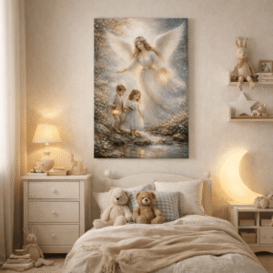 Obraz na płótnie z Aniołem Stróżem opiekującym się dziećmi obok strumyka