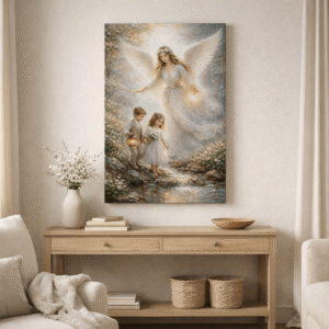 Obraz na płótnie przedstawiający Anioła Stróża opiekującego się dwójką dzieci przy strumyku