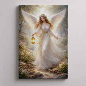 Obraz Anioł Stróż dla Dziecka na płótnie przedstawiający anioła z dużymi białymi skrzydłami i latarnią wśród kwiatów i lasu