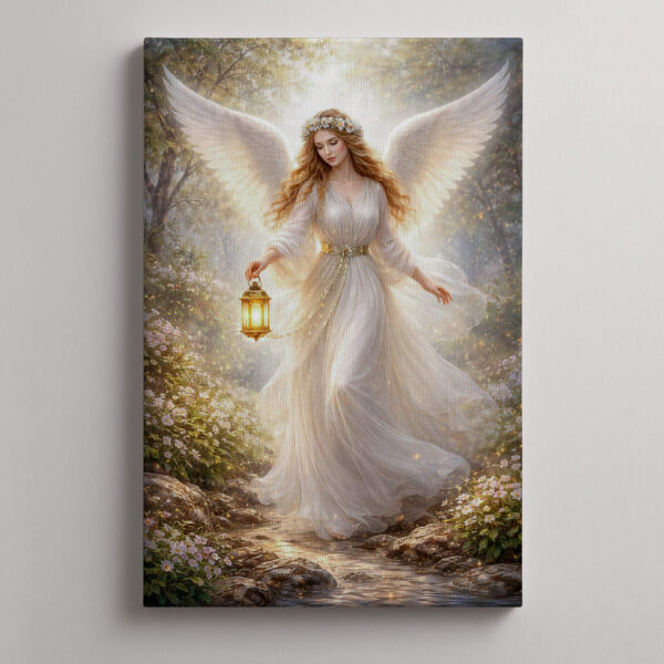 Obraz Anioł Stróż dla Dziecka na płótnie przedstawiający anioła z dużymi białymi skrzydłami i latarnią wśród kwiatów i lasu