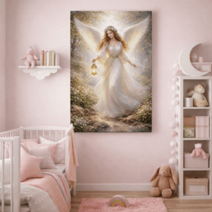 Obraz Anioł Stróż dla Dziecka przedstawiający kobietę z rozpostartymi skrzydłami i lampą w lesie