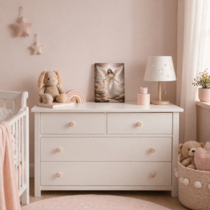 Obraz Anioł Stróż dla Dziecka na płótnie prezentowany na białej komodzie w przytulnym pokoju dziecięcym