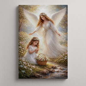 Obraz Anioł Stróż dla Dziewczynki na płótnie przedstawiający anioła z dziewczynką przy strumieniu