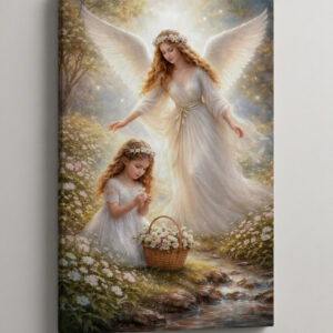 Obraz Anioł Stróż dla Dziewczynki na Płótnie przedstawiający anioła z rozpostartymi skrzydłami i dziewczynkę zbierającą kwiaty nad strumieniem