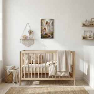 Obraz Anioł Stróż dla Dziewczynki z postacią anioła i dziecka nad rzeką w pokoju dziecięcym