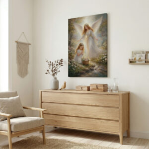 Obraz Anioł Stróż dla Dziewczynki na płótnie z motywem anioła opiekuńczego nad dziewczynką w ogrodzie