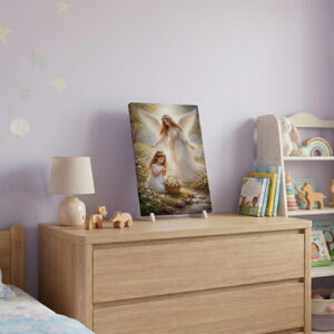 Obraz Anioł Stróż dla Dziewczynki na płótnie ustawiony na komodzie w pokoju dziecięcym z pastelowymi dodatkami