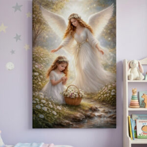 Obraz przedstawiający anioła stróża opiekującego się dziewczynką na tle kwiatowego ogrodu i strumienia.