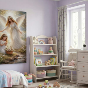 Obraz na płótnie przedstawiający anioła stróża i dziewczynkę w otoczeniu kwiatów i strumienia